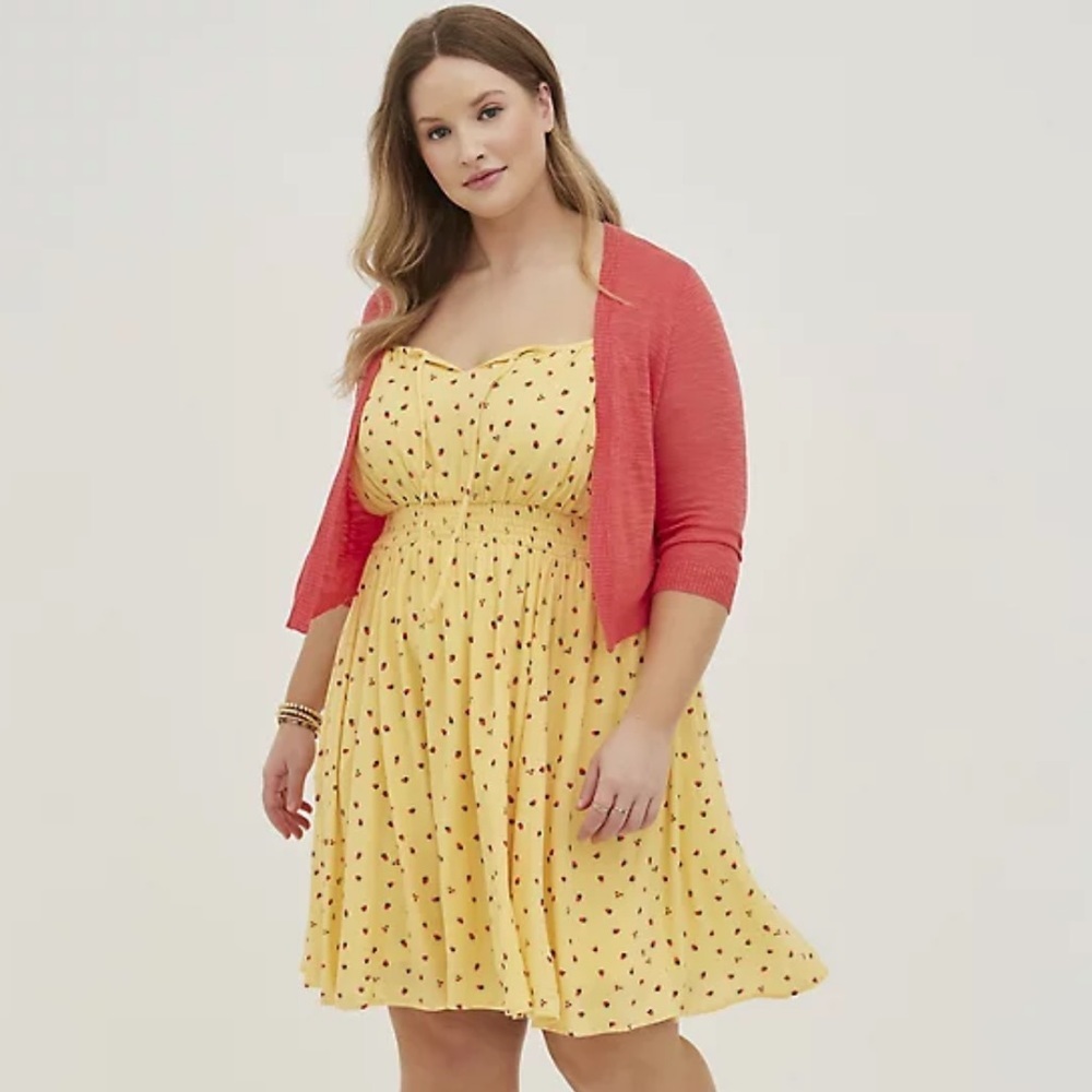 Torrid Gauze Strawberries Yellow Smocked Waist Mini Dress